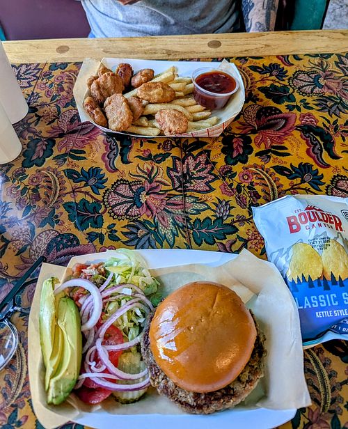 Beyond Burger with kettle chips and chik'n nuggets and fries at Kip's Grill in Creede