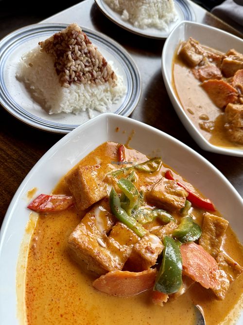 Panang Curry with tofu , with white and brown rice. In the back, massaman curry with tofu   at ThaiRiffic by The Sea in Swampscott