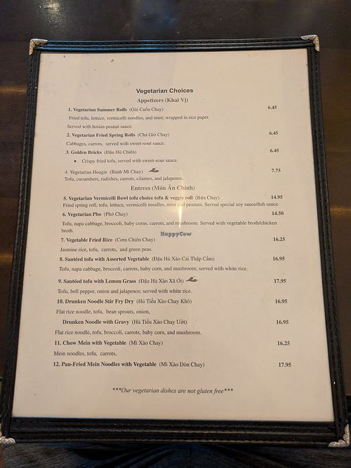 Vegetarian menu at Pho Viet Hoa in Willow Grove