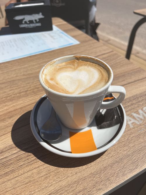 Café con leche with oat milk  at La Castiza Beach Bar in La Mata
