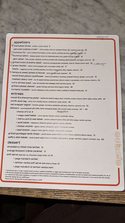 menu marked up by waitress to indicate which items can be made vegan  at Saffy's in Hollywood