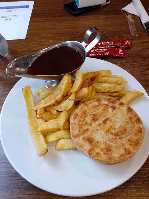 Vegan pie and chips at Tuckers Takeaway in Cheddar