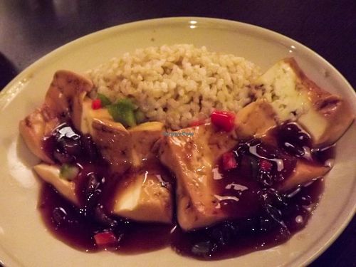 Organic Tofu Steak with rice - Sukiyaki style tofu with teriyaki sauce. at Shizenya - Broadway in Vancouver