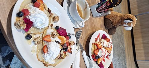 Delicious vegan pancakes with fruit, nuts and vegan yogurt and or vegan cream. A great vegan brunch. 
Fully recommend to everyone. 
Great location. Friendly staff.  at Maple Cafe in Leeds