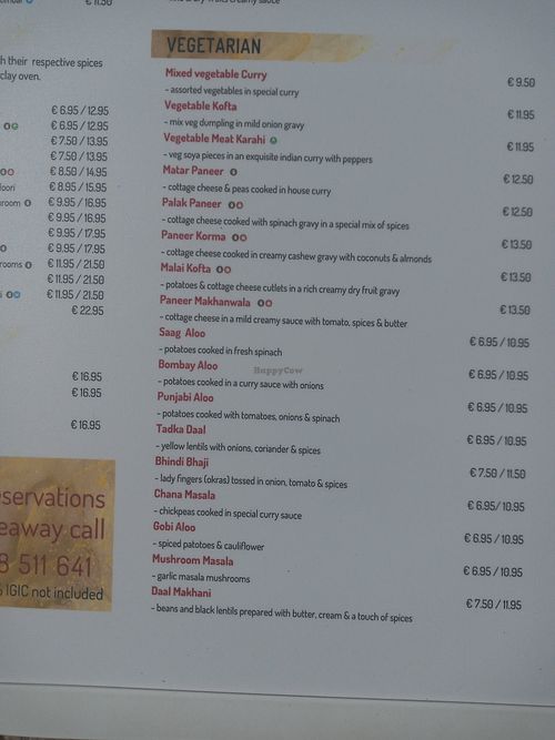 Vegetarian menu (includes vegan options) at Restaurante Mumbai Masala Puerto Calero in Lanzarote