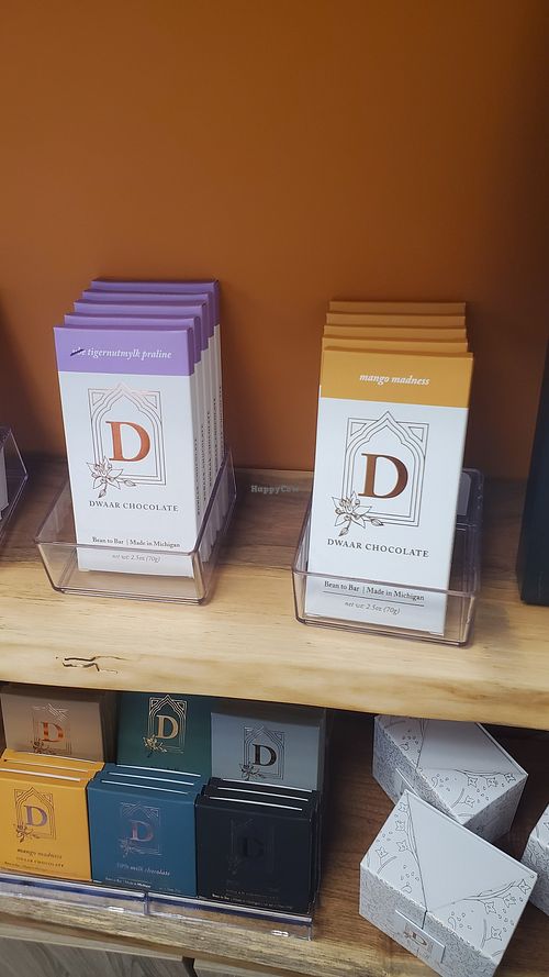 Section with flavored vegan chocolate bars at Dwaar Chocolate in Keego Harbor