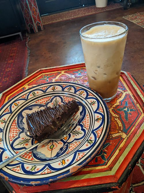 Vegan Avocado Torte and Oat Milk Freddo Espresso Frappe at SumitrA Espresso Lounge +  in Gulfport