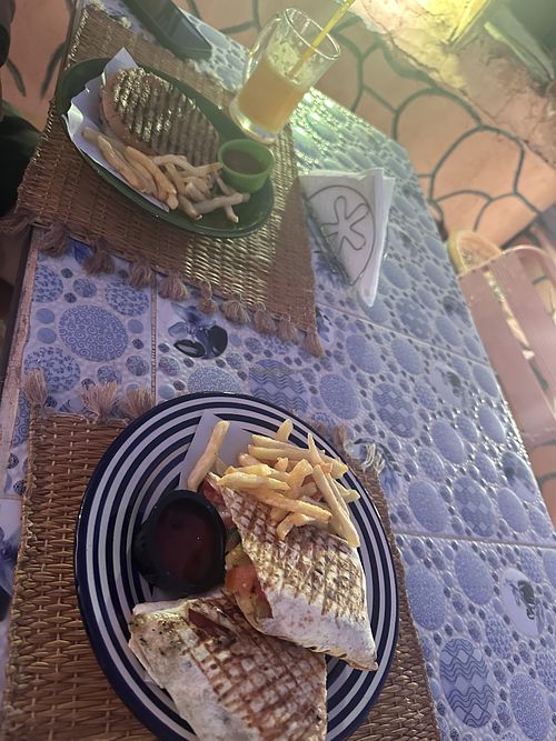 ‘Burger’- had nice soft bread. Good orange juice! Lovey chips.  at Snack Les Amis in Ait Benhaddou