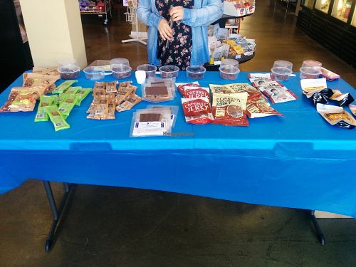 Vegan Jerky Taste off samples table. Delicious samples of various vegan jerky sold in store. Who knew there were so many, and so good  at Animal Place's Vegan Republic in Berkeley