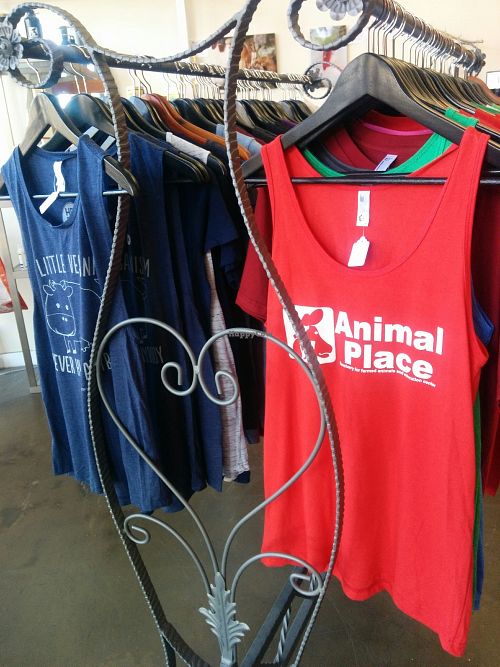 T shirts with a message at Animal Place's Vegan Republic in Berkeley