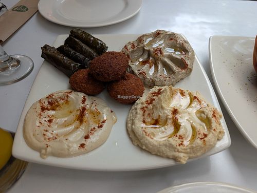 Vegetarian plate made vegan (ask for tahini sauce instead of labneh) at Arabesca in Santa Marta