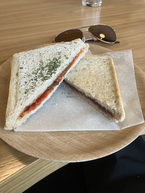 Tomato basil toastie and bean paste toastie, both vegan.   at Day & Coffee in Yamagata