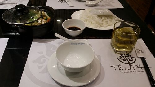 Tofu and vegetable hot pot style dish with rice noodles at Nha Hang Chay Thien Phat in Hanoi