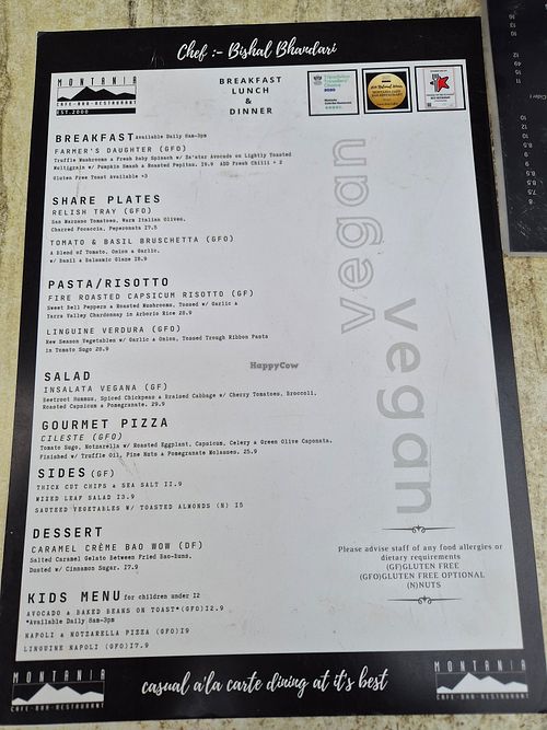 Separate vegan menu at Montania Cafe - Bar - Restaurant in Ferntree Gully