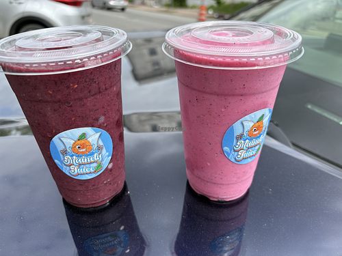 Juicy berry smoothie on the left and pink sunrise on the rightt  at Mainely Juice in Bangor