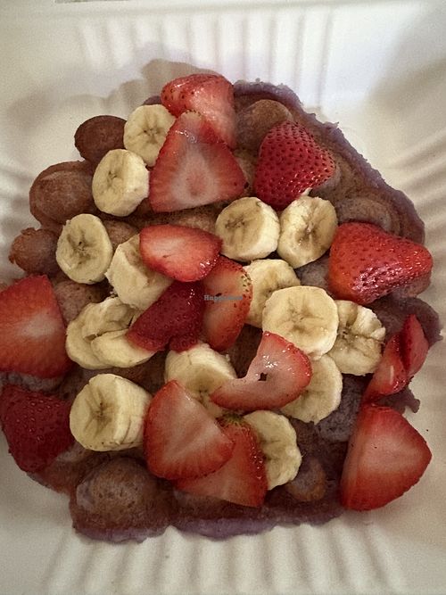 Vegan Ube Bubble Waffle with bananas and strawberries   at Mainely Juice in Bangor