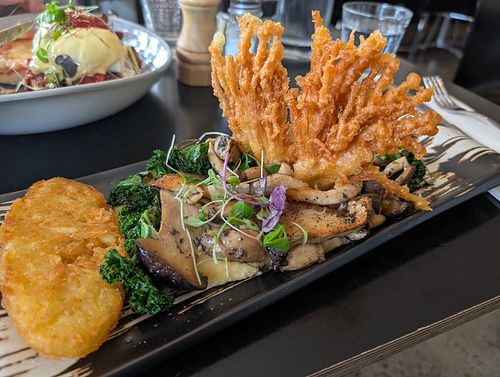 Medley Mushroom with a hashbrown. September 2025. at The Spotted Owl Cafe in Sunbury