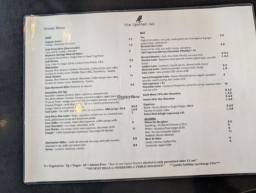 Menu September 2025 at The Spotted Owl Cafe in Sunbury