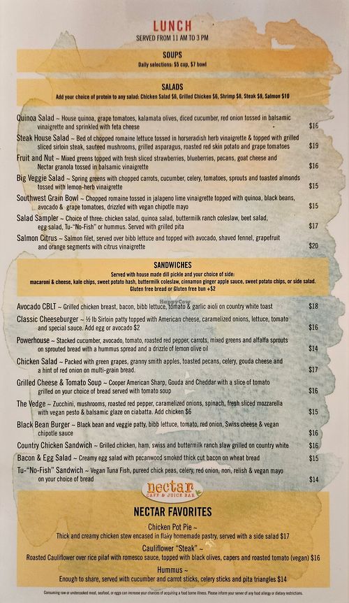 One of the Menus at Nectar Cafe & Juice Bar  in Millsboro