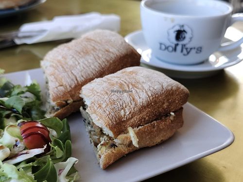 Vegan haggis & cheese panini with side salad and crisps at Dolly's Tea Room in Roslin
