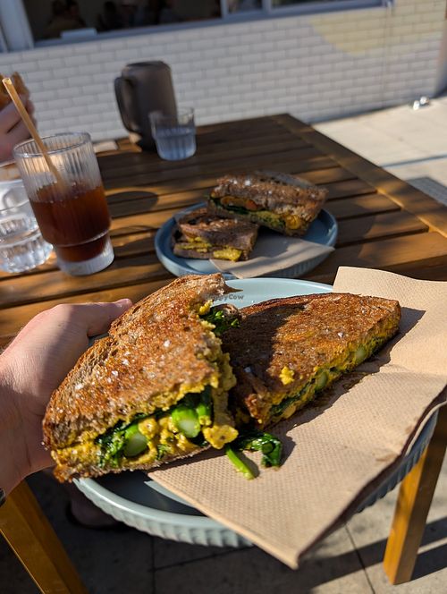 Broccolini toastie with cashew cheese at Colour dot coffee in Merewether