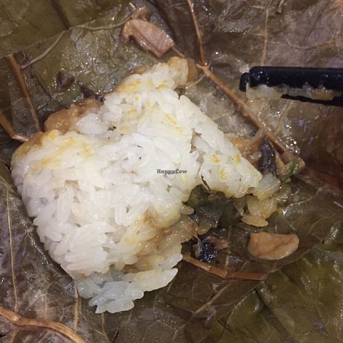Steamed glutinous rice in lotus leaf at Benzhen Vegetarian in Hong Kong Island