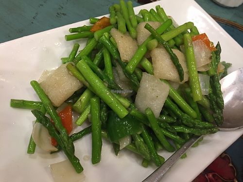 Baby asparugs and bamboo fungus at Benzhen Vegetarian in Hong Kong Island