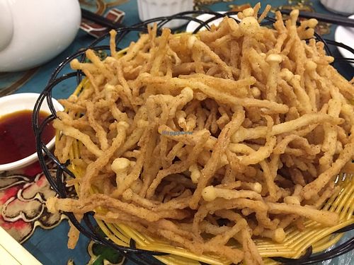 Deep-fried enoki mushroom. It's so crispy! One of the signature dish here.  at Benzhen Vegetarian in Hong Kong Island