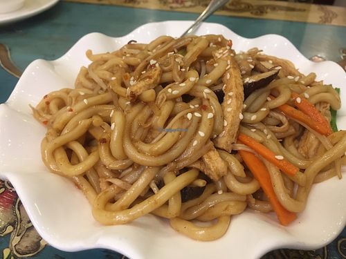 Fried udon with mushrooms and mock beef at Benzhen Vegetarian in Hong Kong Island