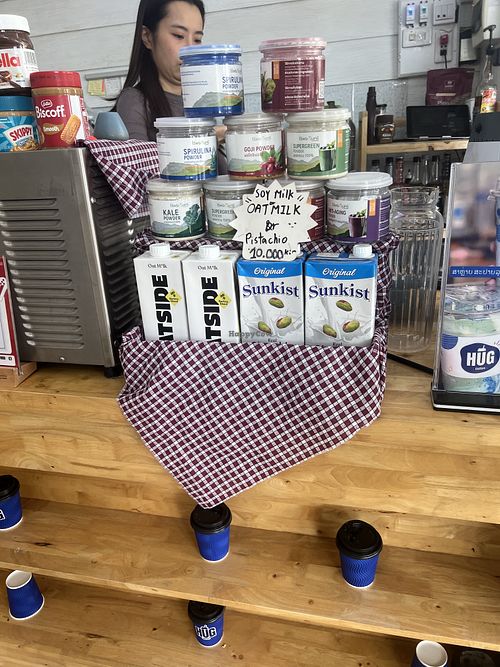 Soy milk, oat milk and pistachio milk availablee  at HUG Coffee in Pakse