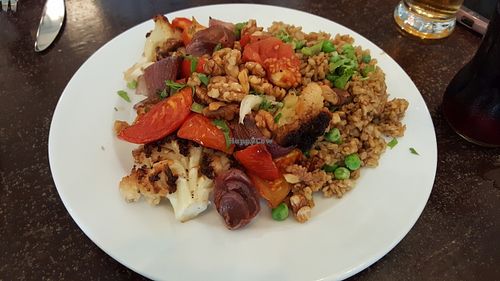 Freekeh with roasted veg at Hashachen Bistro in Tel Aviv