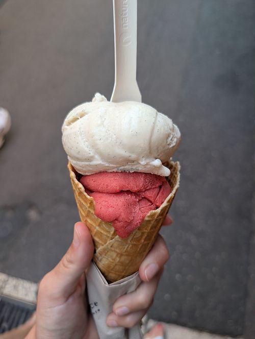 strawberry and vegan vanilla (cones are vegan as well) at Glacier Terre adélice Annecy in Annecy