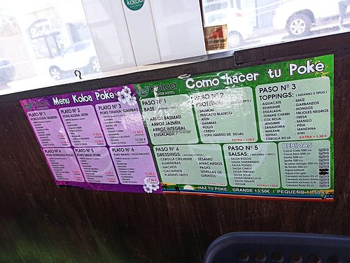 Menu options at Koloa Poke in Fuerteventura
