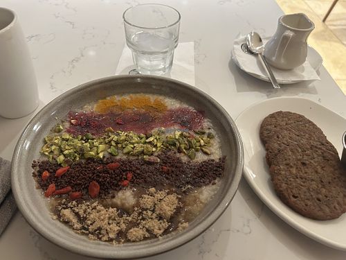 Steel cut oats with all toppings, plant based sausage patties  at Fres.Co in San Diego