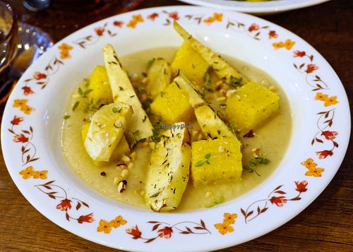 Parsnip cream w/grilled polenta at CURIEUSES  in Dijon