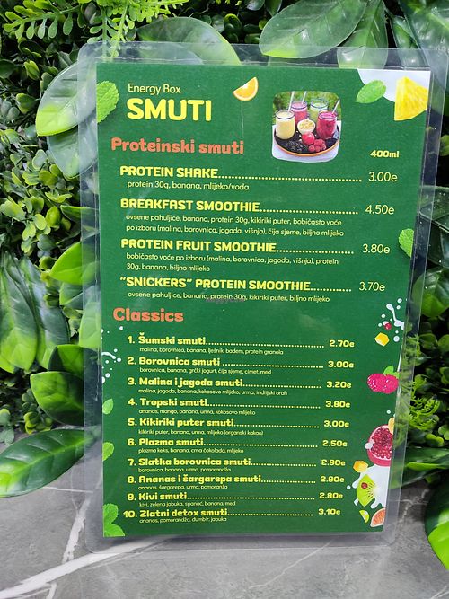 Menu at Energy Box in Cetinje