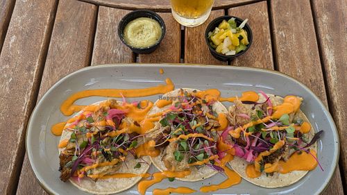 Blackbird Foods seitan tacos, pickled red onion, micro greens, spicy creamy salsa roja, asked for a side of grilled pineapple jalapeno pico, and avocado dressing. at Vibrissa Beer  in Winchester