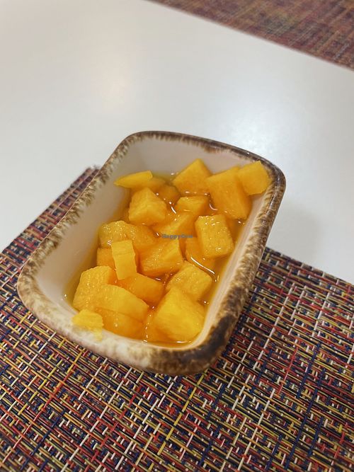 Not sure what this fruit was that they served complimentary but we loved it  at Dururu Korean Restaurant & Homemade Bakery in Oaxaca