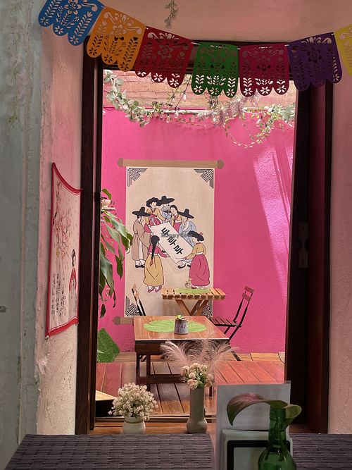 Low table seating  at Dururu Korean Restaurant & Homemade Bakery in Oaxaca