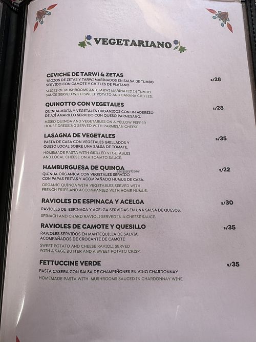 Vegetarian menu  at Nina Del Valle in Ollantaytambo