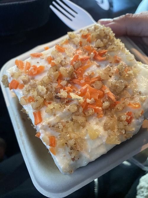 Extreme Close-Up of Vegan Carrot Cake - Yum  at Veggie Grill by Next Level in Carlsbad