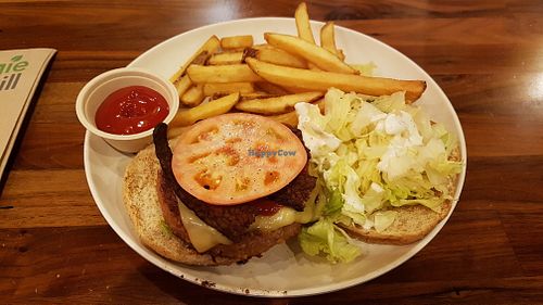 Steakhouse burger with beyond meat steak at Veggie Grill by Next Level in Carlsbad