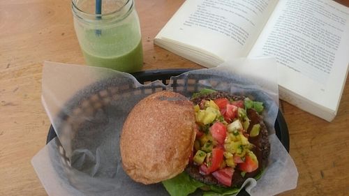Black Beans Quinoa Pineapple Burger  at Roots Wraps and Smoothies in San Ignacio