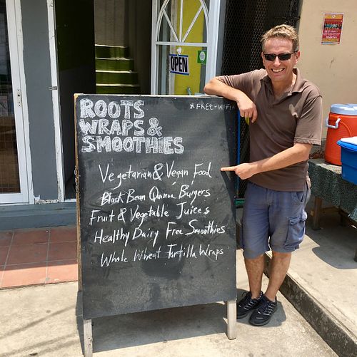 look for the big sign at Roots Wraps and Smoothies in San Ignacio