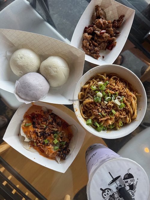 Baos, angry vegan dumplings, noodles w mock chick'n, taro smoothie w soy milkk  at Angry Dumplings Tea  in Knoxville