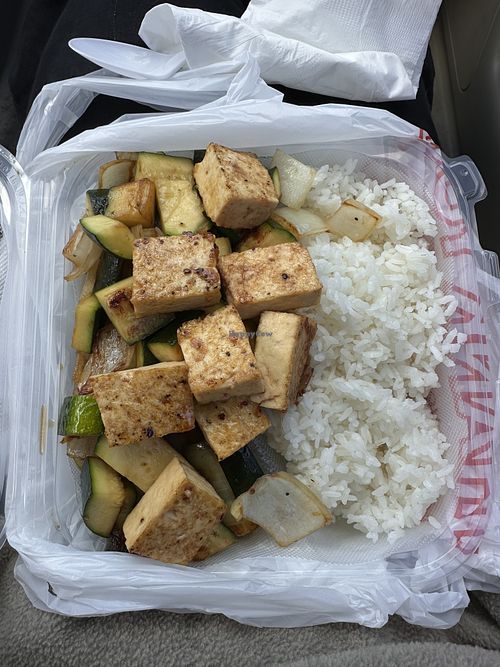 Hibachi veggie tofu, plain rice. Zucchini, onion, mushrooms. Sauces were served on the side which was nice-easy to leave off  at Teppanyaki Kings in Eagle Point