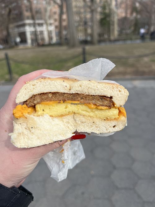 Vegan sausage, egg, and cheese sandwich on an everything bagel  at Grabstein's Bagels in New York City