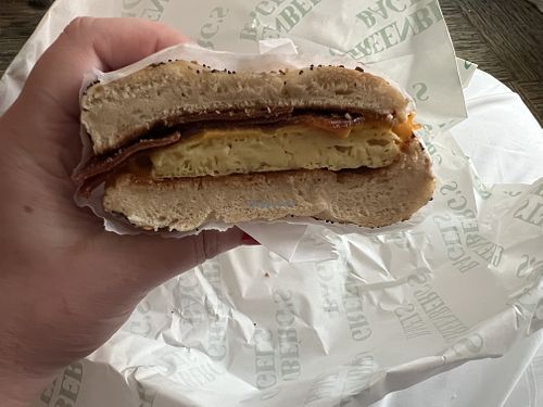 Vegan bacon, egg, and cheese sandwich on an everything bagel  at Grabstein's Bagels in New York City