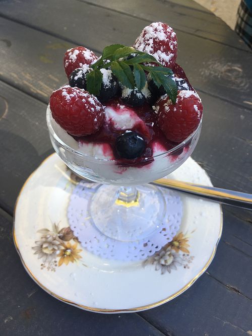 Coconut ice with raspberries   at The Clarendon Arms  in Evandale