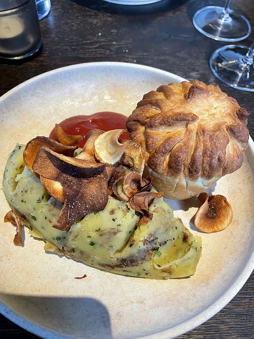 Leek and cauliflower pie with mash and beetroot ketchup   at the penny bun in Otley